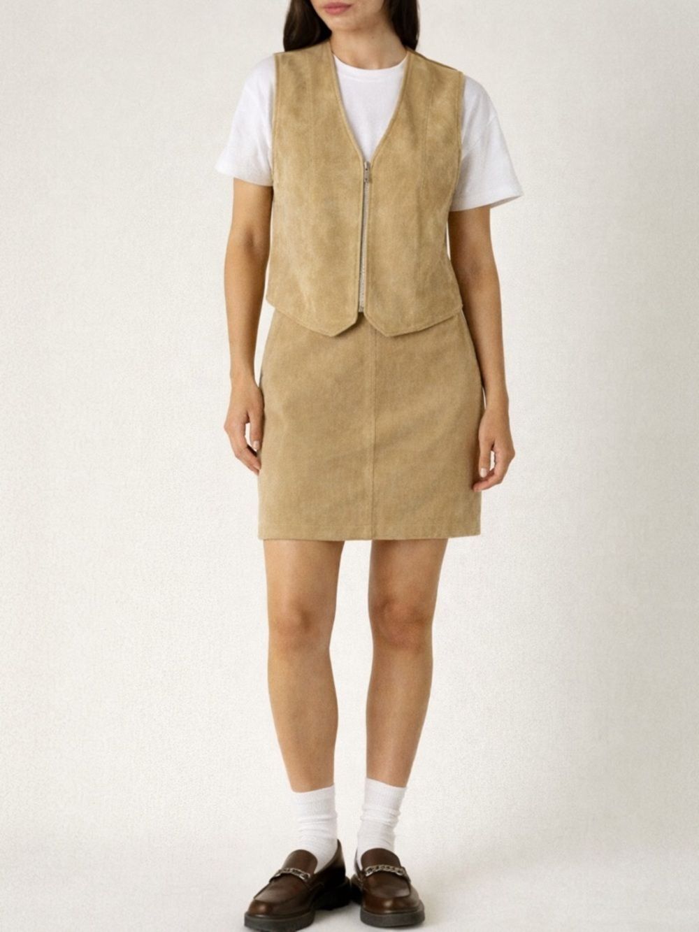 Vintage Tan Suede Passports 100% Leather Vest Skirt Set Minimalist Y2K Sz Medium